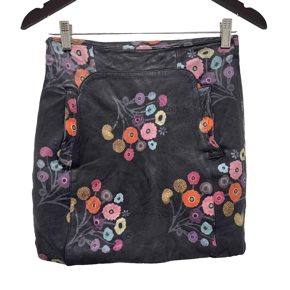 Tanya Taylor Lamb Leather Floral Printed Black Mini Skirt Size 4